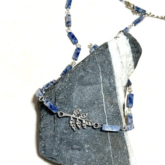 Genuine Blue White Sodalite Matinee Necklace, Gemstone & Leaf Branch Pendant - Picture 4 of 14